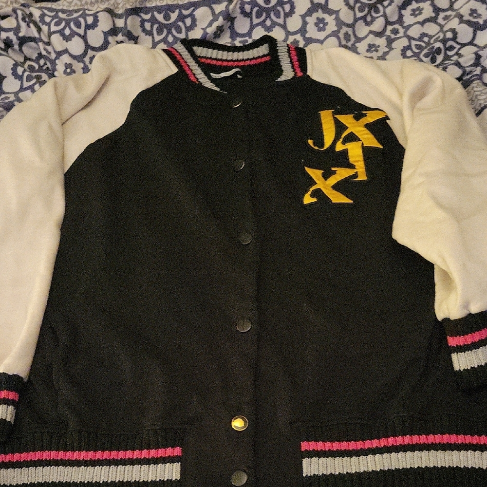 ZARA Black and White Varsity Jacket with Gold Lettering